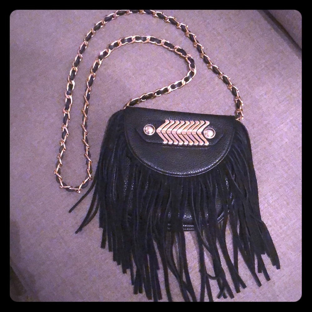 Adorable Black Leather Bag with Fringe